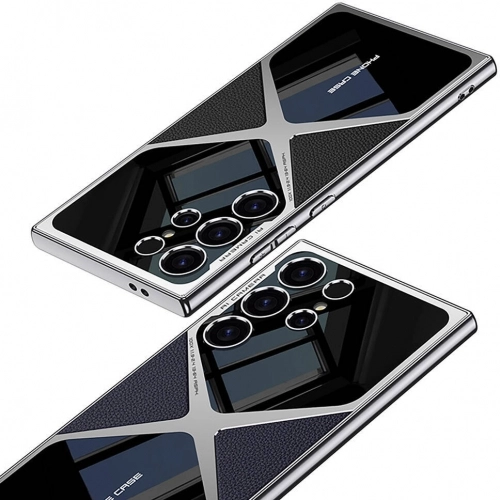 Samsung Galaxy S23 Ultra Kılıf Ultra İnce Kamera Korumalı PC + Deri Arka Yüzey X-Pro Kapak - Siyah