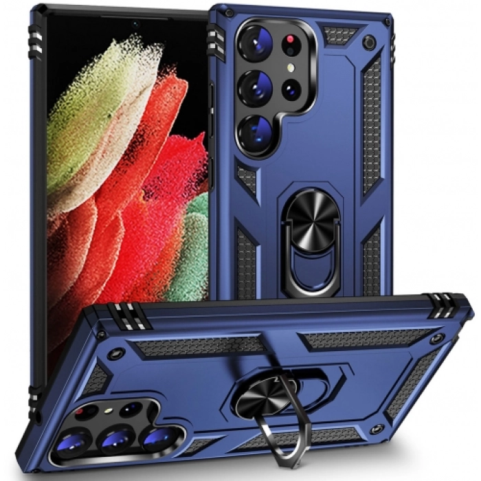 Samsung Galaxy S23 Ultra Kılıf Silikon Zırhlı Standlı Yüzüklü Mıknatıslı Tank Kapak - Lacivert
