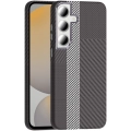 Samsung Galaxy S24 FE ile Uyumlu Kılıf MagSafe Şarj Özellikli Karbon Fiber Görünümlü Gros Kapak - Gri-Siyah