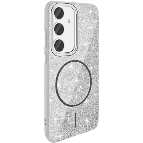 Samsung Galaxy S24 FE Kılıf Magsafe Şarj Özellikli Parlayan Simli Silikon Okso Kapak - Beyaz