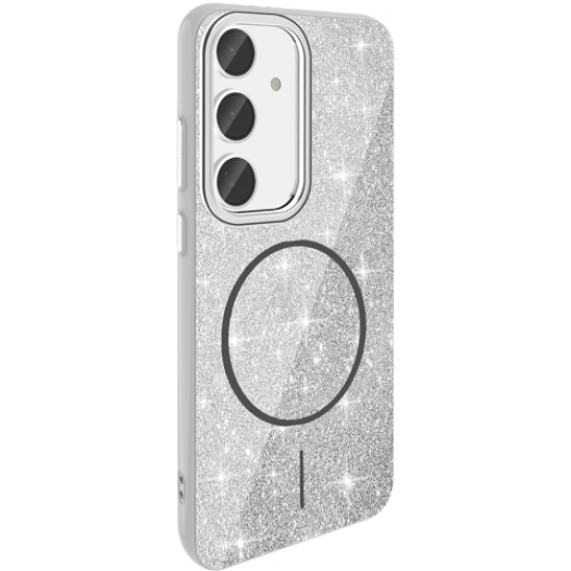 Samsung Galaxy S24 FE Kılıf Magsafe Şarj Özellikli Parlayan Simli Silikon Okso Kapak - Beyaz