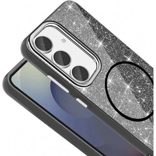 Samsung Galaxy S24 FE Kılıf Magsafe Şarj Özellikli Parlayan Simli Silikon Okso Kapak - Beyaz