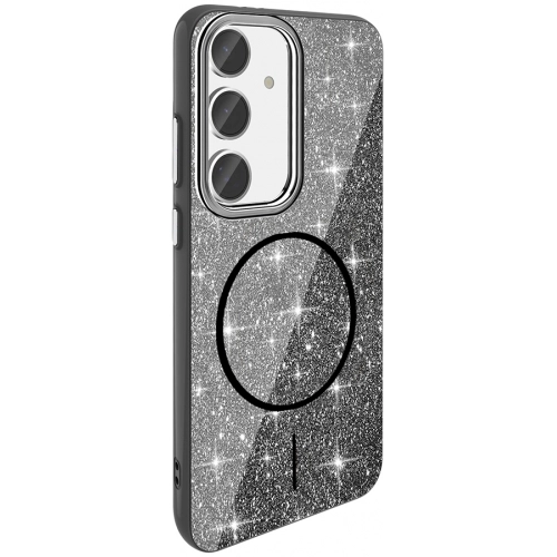 Samsung Galaxy S24 FE Kılıf Magsafe Şarj Özellikli Parlayan Simli Silikon Okso Kapak - Siyah