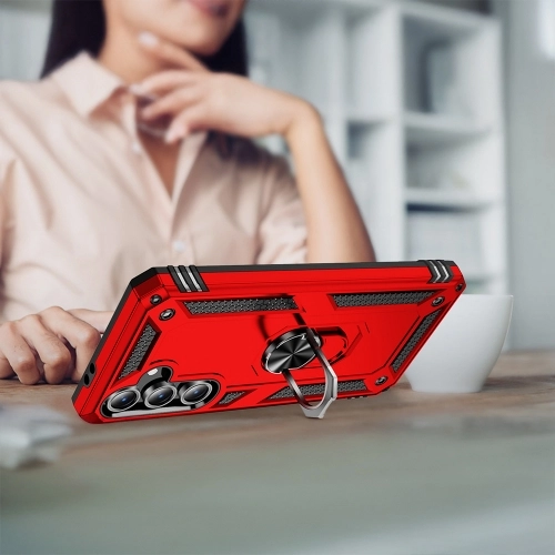 Samsung Galaxy S24 FE Kılıf Silikon Zırhlı Standlı Yüzüklü Mıknatıslı Tank Kapak - Kırmızı
