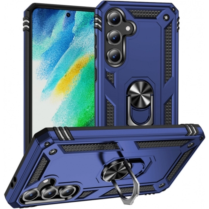 Samsung Galaxy S24 FE Kılıf Silikon Zırhlı Standlı Yüzüklü Mıknatıslı Tank Kapak - Mavi