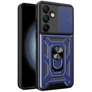 Samsung Galaxy S24 FE Kılıf Zırhlı Standlı Silikon Sürgülü Kamera Korumalı Tank Kapak - Mavi