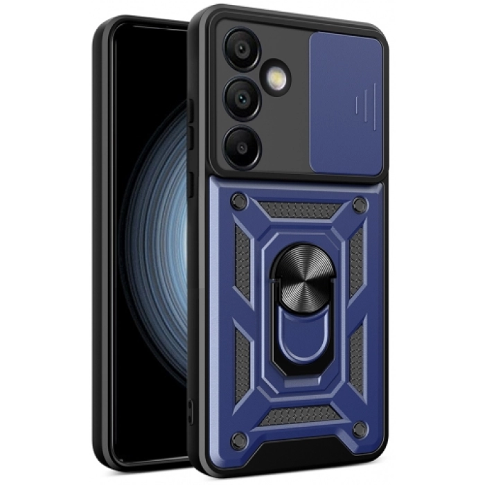 Samsung Galaxy S24 FE Kılıf Zırhlı Standlı Silikon Sürgülü Kamera Korumalı Tank Kapak - Mavi