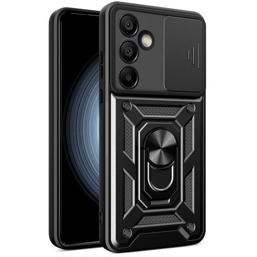 Samsung Galaxy S24 FE Kılıf Zırhlı Standlı Silikon Sürgülü Kamera Korumalı Tank Kapak - Siyah