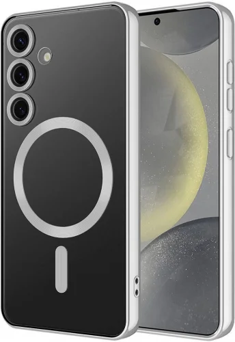 Samsung Galaxy S24 Kılıf Kamera Korumalı Şeffaf Magsafe Wireless Şarj Özellikli Demre Kapak - Gümüş