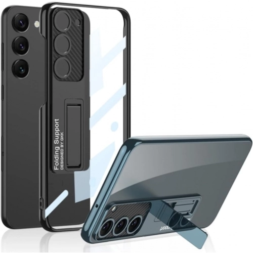 Samsung Galaxy S24 Kılıf Kamera Korumalı Şeffaf Tasarımlı Lego Standlı Kapak - Gümüş