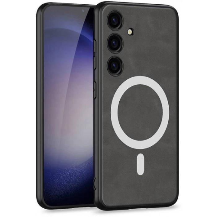 Samsung Galaxy S24 Kılıf Magsafe Şarj Özellikli Deri Tasarımlı Kıpta Nubuk Kapak - Gri