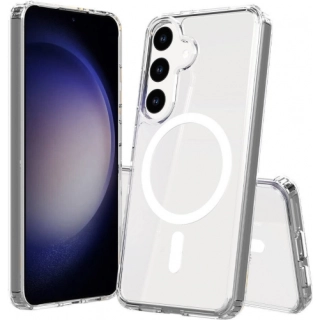 Samsung Galaxy S24 Kılıf Magsafe Şarj Özellikli Şeffaf Sert PC Embos Kapak - Şeffaf