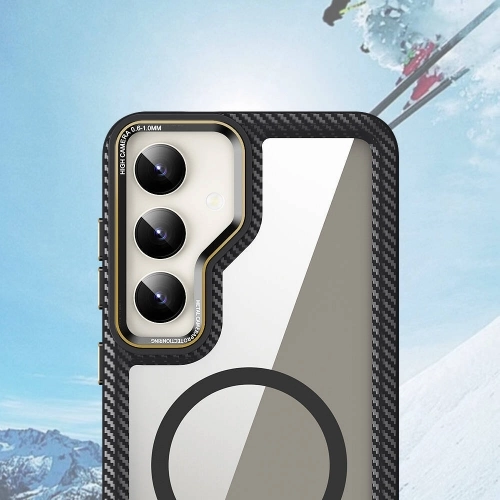 Samsung Galaxy S24 Kılıf Magsafe Şarj Özellikli Sert PC Karbon Fiber Kenar Tasarımlı Libero Kapak - Siyah