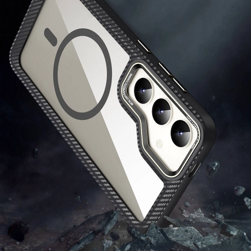 Samsung Galaxy S24 Kılıf Magsafe Şarj Özellikli Sert PC Karbon Fiber Kenar Tasarımlı Libero Kapak - Siyah