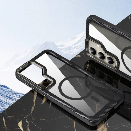 Samsung Galaxy S24 Kılıf Magsafe Şarj Özellikli Sert PC Karbon Fiber Kenar Tasarımlı Libero Kapak - Siyah