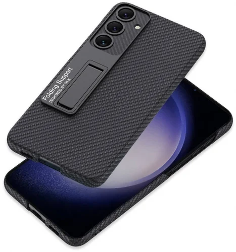 Samsung Galaxy S24 Kılıf Standlı Suni Deri Sert Karbon Kıpta Kapak - Siyah