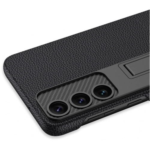 Samsung Galaxy S24 Kılıf Standlı Suni Deri Sert Karbon Kıpta Kapak - Siyah