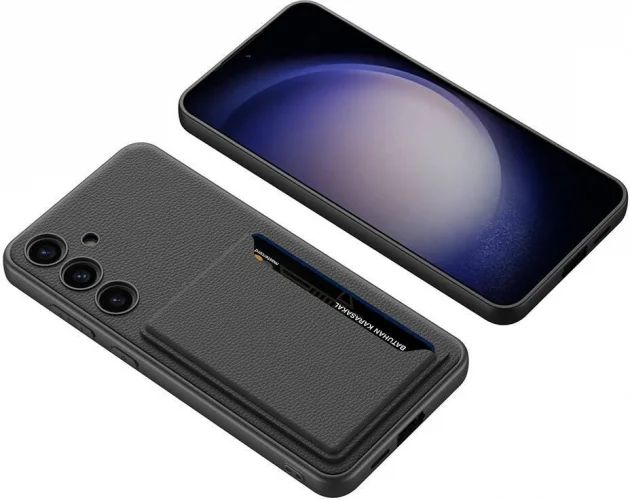 Samsung Galaxy S24 Kılıf Suni Deri Arka Yüzey Sürgülü Kamera Korumalı Kartlıklı Kıpta Silikon Kapak - Siyah