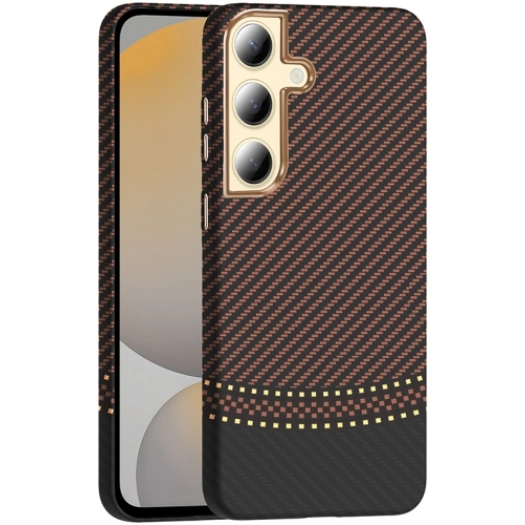 Samsung Galaxy S24 Plus ile Uyumlu Kılıf MagSafe Şarj Özellikli Karbon Fiber Görünümlü Gros Kapak - Gold-Siyah