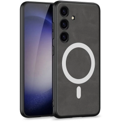 Samsung Galaxy S24 Plus Kılıf Magsafe Şarj Özellikli Deri Tasarımlı Kıpta Nubuk Kapak - Gri