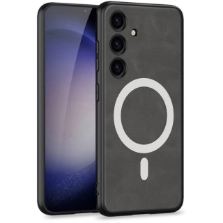 Samsung Galaxy S24 Plus Kılıf Magsafe Şarj Özellikli Deri Tasarımlı Kıpta Nubuk Kapak - Gri