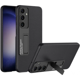 Samsung Galaxy S24 Plus Kılıf Standlı Suni Deri Sert Karbon Kıpta Kapak - Siyah
