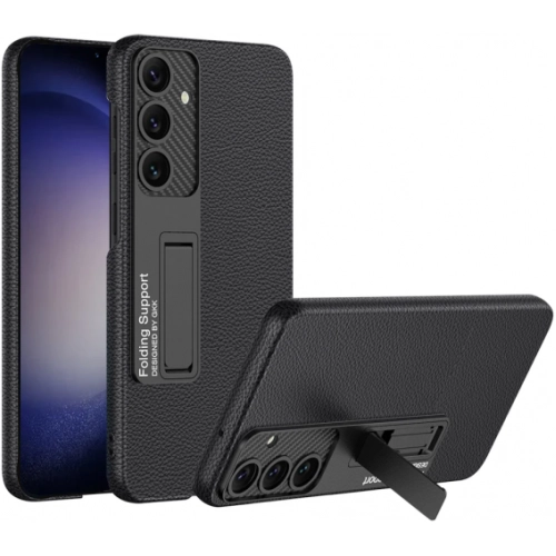 Samsung Galaxy S24 Plus Kılıf Standlı Suni Deri Sert Karbon Kıpta Kapak - Siyah