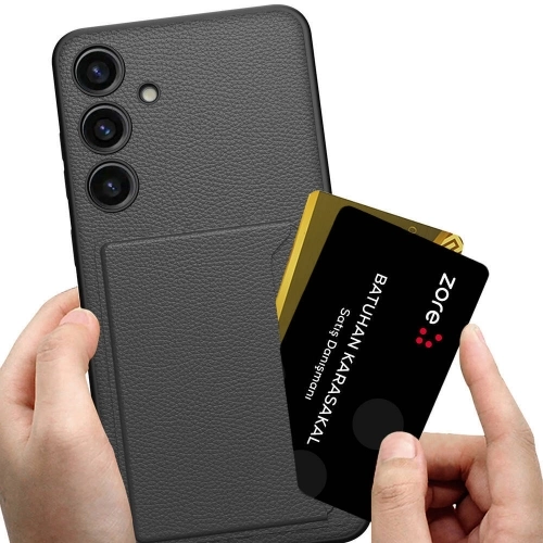 Samsung Galaxy S24 Plus Kılıf Suni Deri Arka Yüzey Sürgülü Kamera Korumalı Kartlıklı Kıpta Silikon Kapak - Siyah