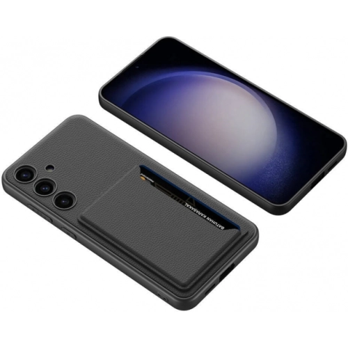 Samsung Galaxy S24 Plus Kılıf Suni Deri Arka Yüzey Sürgülü Kamera Korumalı Kartlıklı Kıpta Silikon Kapak - Siyah