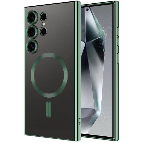 Samsung Galaxy S24 Ultra Kılıf Kamera Korumalı Şeffaf Magsafe Wireless Şarj Özellikli Demre Kapak - Koyu Yeşil