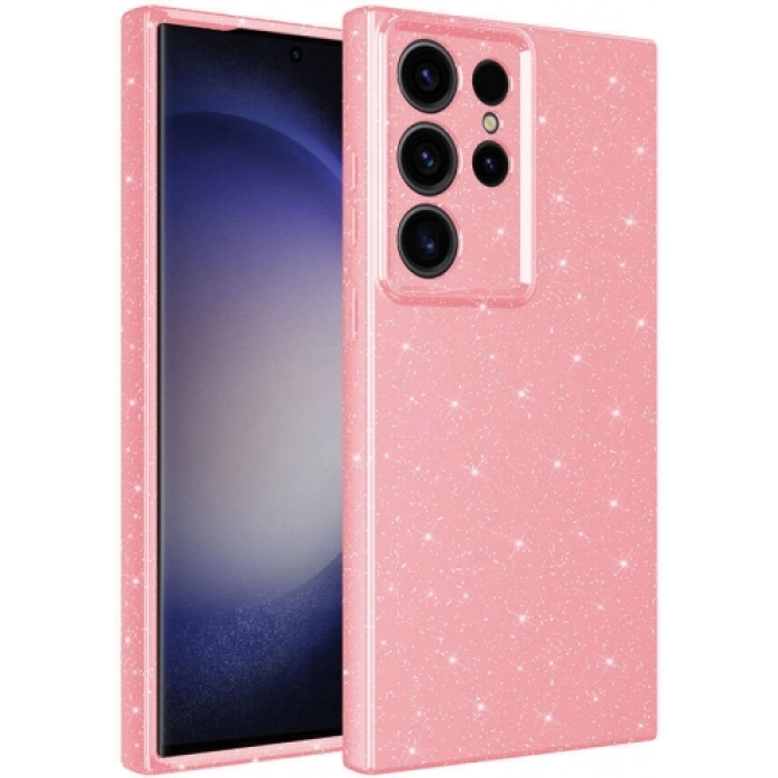 Samsung Galaxy S24 Ultra Kılıf Kamera Korumalı Simli Parlak Lüks Silikon Koton Kapak - Pembe