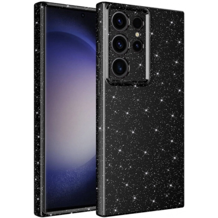 Samsung Galaxy S24 Ultra Kılıf Kamera Korumalı Simli Parlak Lüks Silikon Koton Kapak - Siyah