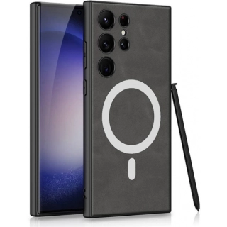 Samsung Galaxy S24 Ultra Kılıf Magsafe Şarj Özellikli Deri Tasarımlı Kıpta Nubuk Kapak - Gri