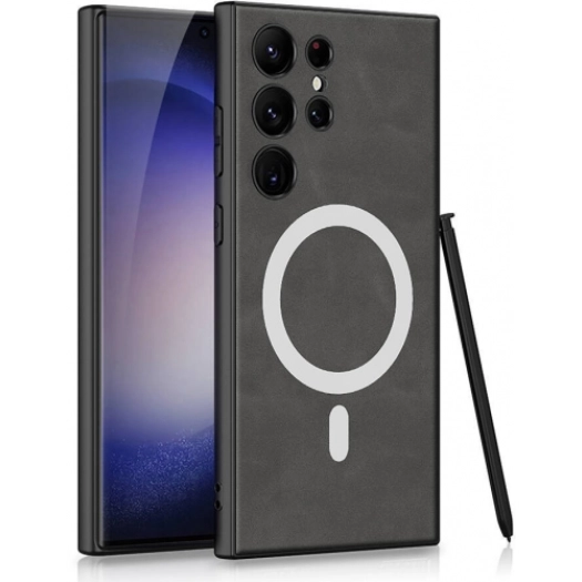 Samsung Galaxy S24 Ultra Kılıf Magsafe Şarj Özellikli Deri Tasarımlı Kıpta Nubuk Kapak - Gri