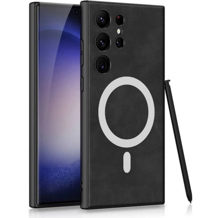 Samsung Galaxy S24 Ultra Kılıf Magsafe Şarj Özellikli Deri Tasarımlı Kıpta Nubuk Kapak - Siyah