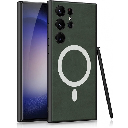 Samsung Galaxy S24 Ultra Kılıf Magsafe Şarj Özellikli Deri Tasarımlı Kıpta Nubuk Kapak - Yeşil