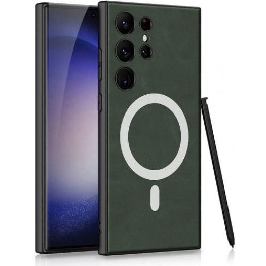 Samsung Galaxy S24 Ultra Kılıf Magsafe Şarj Özellikli Deri Tasarımlı Kıpta Nubuk Kapak - Yeşil