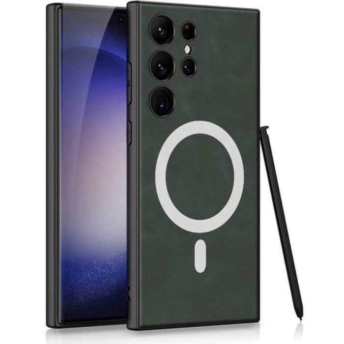 Samsung Galaxy S24 Ultra Kılıf Magsafe Şarj Özellikli Deri Tasarımlı Kıpta Nubuk Kapak - Yeşil