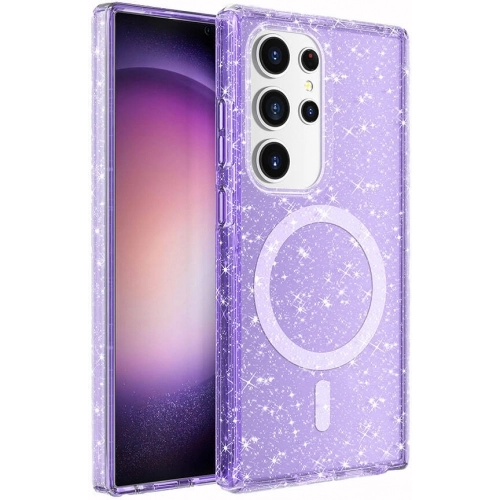 Samsung Galaxy S24 Ultra Kılıf Magsafe Şarj Özellikli Parlayan Simli Saydam Renkli Allstar Kapak - Mor