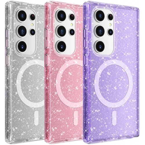 Samsung Galaxy S24 Ultra Kılıf Magsafe Şarj Özellikli Parlayan Simli Saydam Renkli Allstar Kapak - Mor