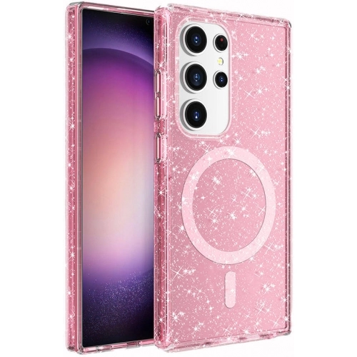Samsung Galaxy S24 Ultra Kılıf Magsafe Şarj Özellikli Parlayan Simli Saydam Renkli Allstar Kapak - Pembe