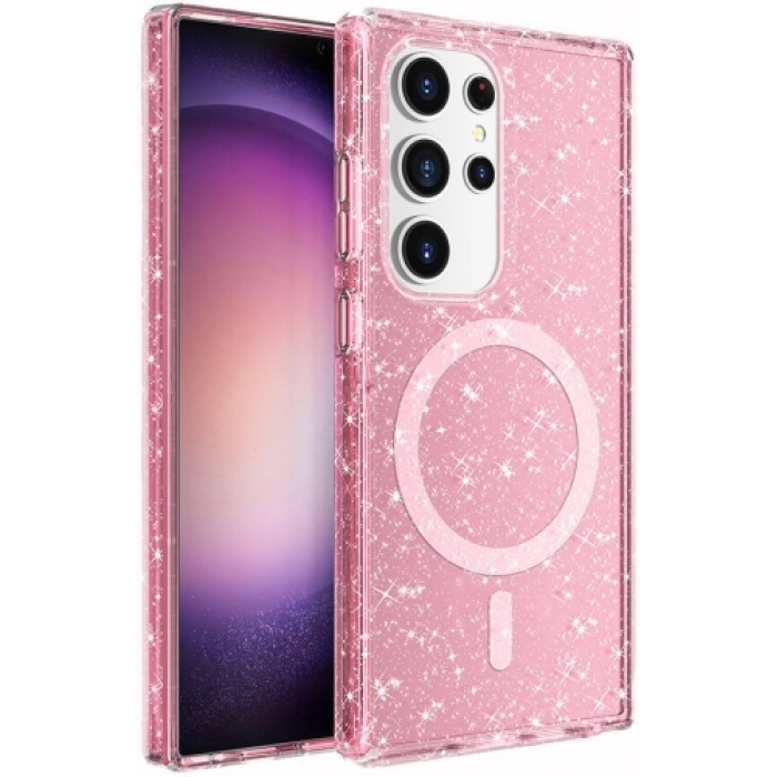 Samsung Galaxy S24 Ultra Kılıf Magsafe Şarj Özellikli Parlayan Simli Saydam Renkli Allstar Kapak - Pembe