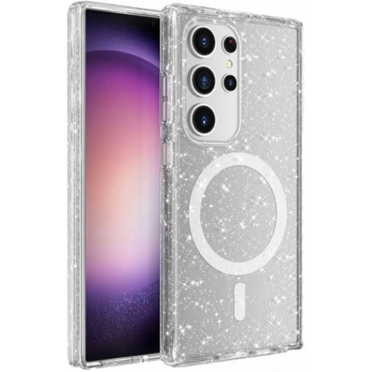 Samsung Galaxy S24 Ultra Kılıf Magsafe Şarj Özellikli Parlayan Simli Saydam Renkli Allstar Kapak - Şeffaf