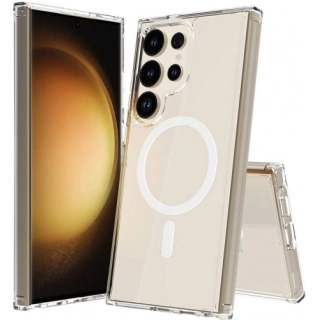 Samsung Galaxy S24 Ultra Kılıf Magsafe Şarj Özellikli Şeffaf Sert PC Embos Kapak - Şeffaf