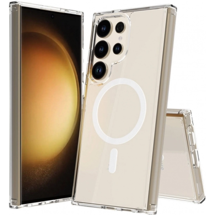 Samsung Galaxy S24 Ultra Kılıf Magsafe Şarj Özellikli Şeffaf Sert PC Embos Kapak - Şeffaf