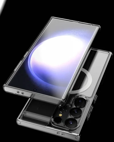Samsung Galaxy S24 Ultra Kılıf Magsafe Şarj Özellikli Şeffaf Sert PC Embos Kapak - Şeffaf