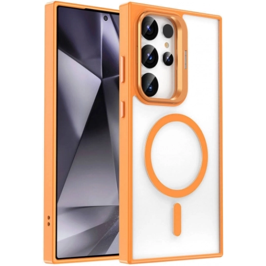 Samsung Galaxy S24 Ultra Kılıf Magsafe Wireless Şarj Özellikli Standlı Magsafe Klon Lensli Kapak - Turuncu