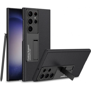 Samsung Galaxy S24 Ultra Kılıf Standlı Suni Deri Sert Karbon Kıpta Kapak - Siyah