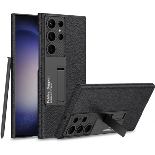 Samsung Galaxy S24 Ultra Kılıf Standlı Suni Deri Sert Karbon Kıpta Kapak - Siyah