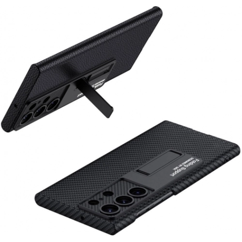 Samsung Galaxy S24 Ultra Kılıf Standlı Suni Deri Sert Karbon Kıpta Kapak - Siyah